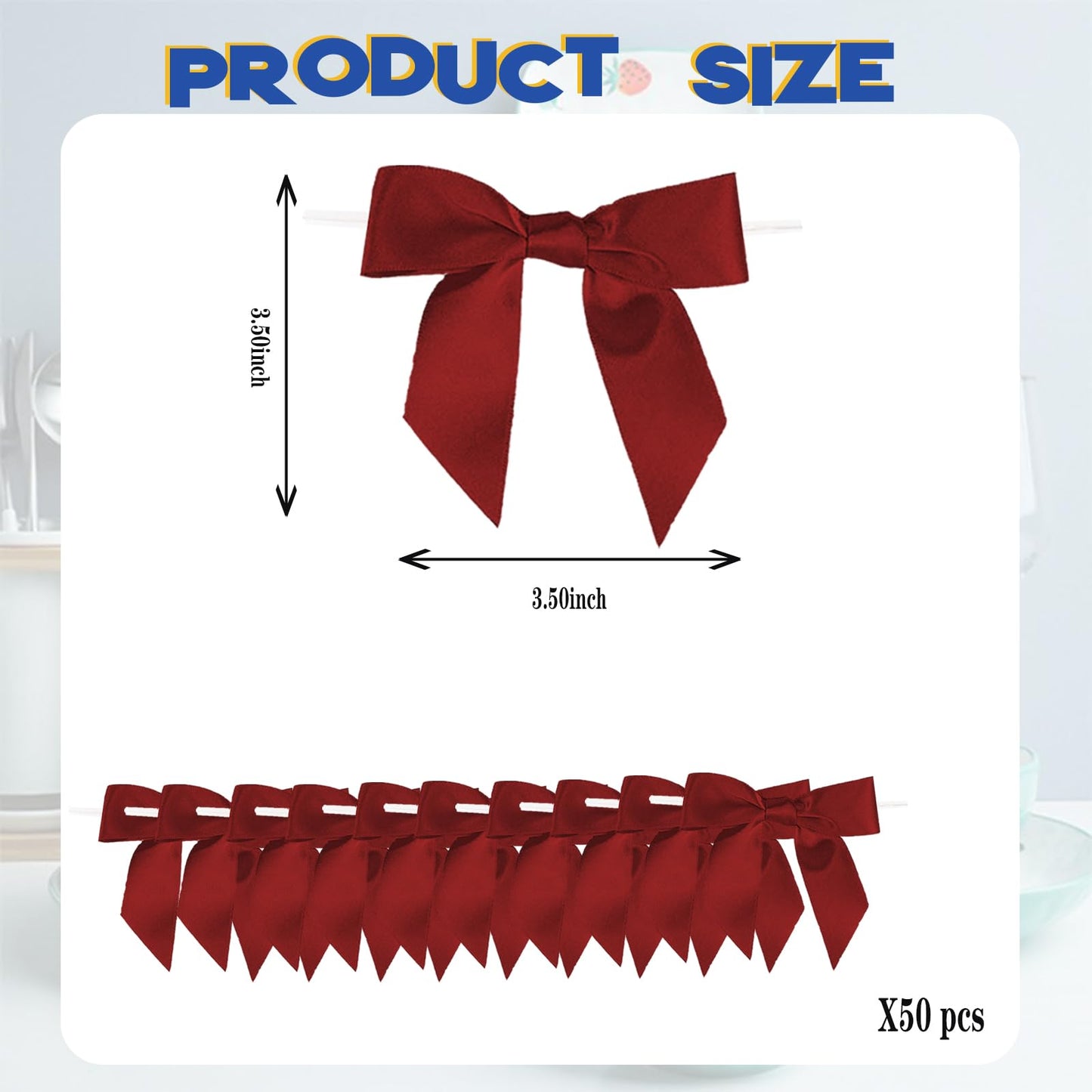 50 Pcs 3.5" Burgundy Red Satin Ribbon Bows, Pre-Tied Mini Twist Tie Craft Bows for Treat Bags, Wine Bottle - Christmas Premade Wire Bowknot for Gift Wrapping Birthday Wedding Party Favors