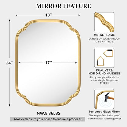 Gold Mirrors for Bathroom, 18" x 24" Rectangular Wall Mirror for Bathroom Metal Frame Farmhouse Rounded Corner Wall Mirror (Horizontal/Vertical)