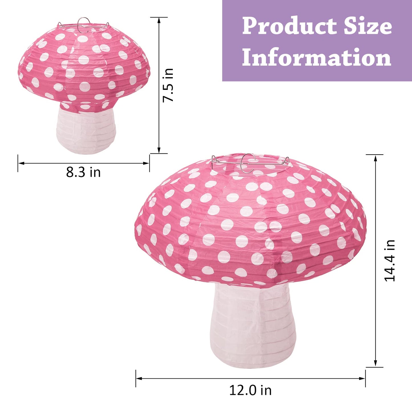 4Pcs Mushroom Shaped Paper Lanterns - Large Mushroom Shaped Paper Lanterns For Nursery, Garden, Christmas Party Decoration - 8 inch, 12 inch (Pink)