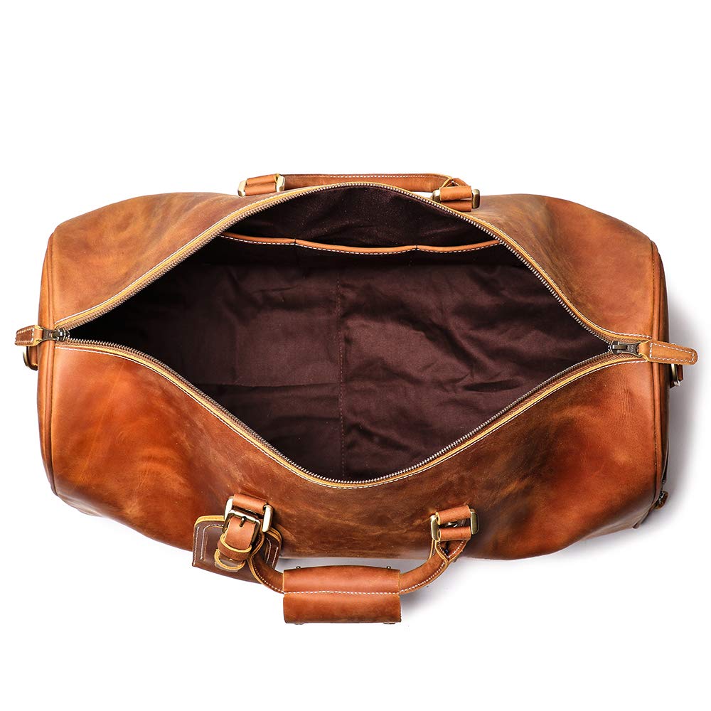 Leathfocus Leather Travel Duffel Bag, Mens Classic Gift Leather Weekend Bag Overnight Full Grain Retro Sport Gym Carry on Luggage YKK Zipper (Brown)