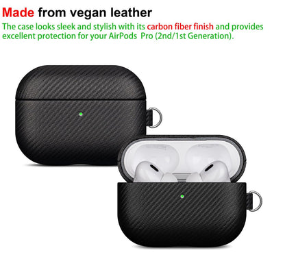 LOPIE Handmade AirPods Pro Case, Carbon Fiber Texture Vegan Leather Case with Keychain & Cleaner Kit, Protective Hard Shell Cover - Black