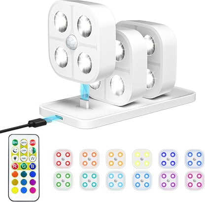 Wireless Step Light Rechargeable Puck Lights with Charging Station, RGB Motion Sensor Puck Light Under Cabinet Lighting with Remote Control, LED Closet Lights for Stair, Kitchen (3 Pcs)