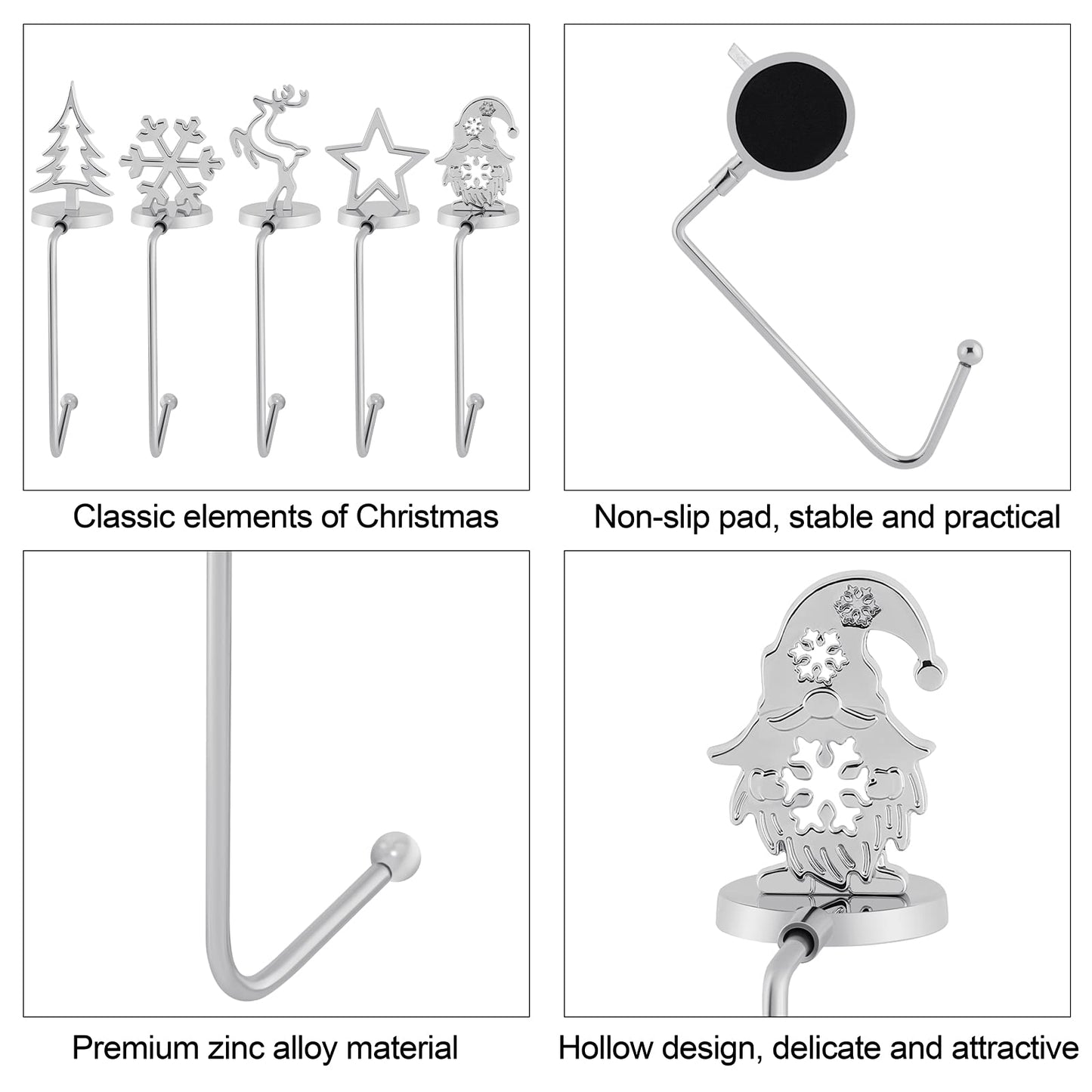 URATOT Pack of 5 Christmas Stocking Holders Mantel Stocking Hangers Fireplace Stocking Hooks in 5 Designs for Christmas Decoration, Silver
