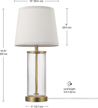 GLOBE Electric 61000063 20" Fillable Ribbed Glass Table Lamp, Matte Brass Accents, Beige Linen Shade, On/Off Rotary Switch on Socket, for Living Room, Bedroom, Office, Home Décor