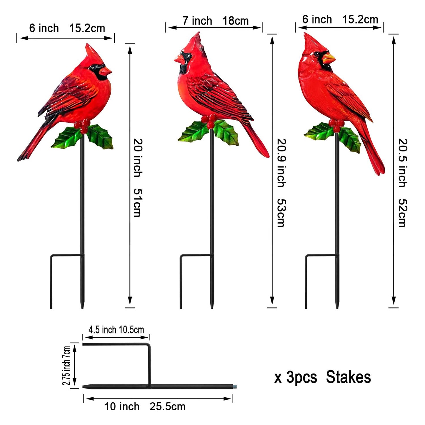 WAIU Metal Cardinal Garden Stakes 3 Pack Outdoor Yard Art, Outside Decorations for Yard,Garden Decorations