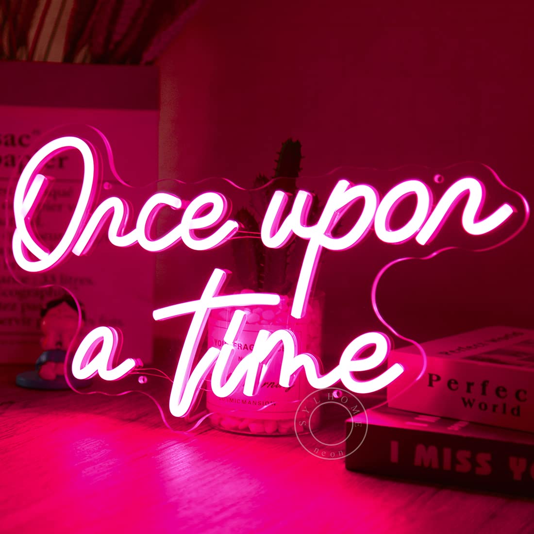 SYLHOME Once Upon A Time Pink LED Neon Light Sign Home Bedroom Kids Room Nursery Wall Decor Sign Words Art Wedding Birthday Bookshelf Decor Christmas Gifts 5V USB 15.8"X8.9"