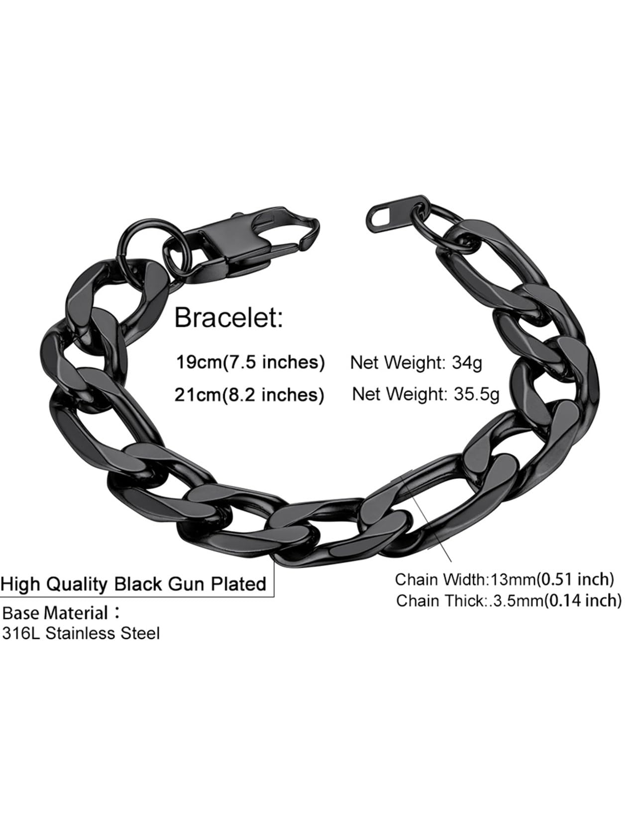 ChainsHouse Black Figaro Bracelet for Men Women, 13mm 7.5" Link Chain Bracelet Punk Hip Hop Jewelry Stainless Steel Figaro Bracelets