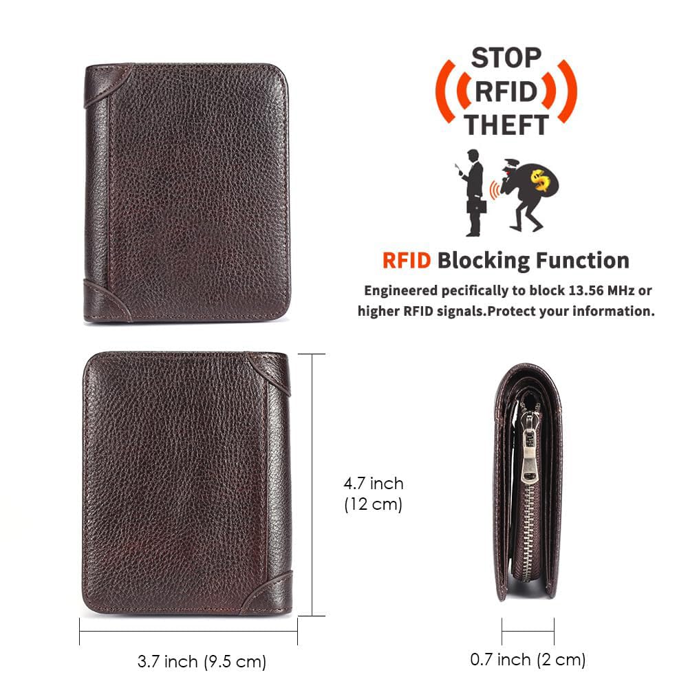 ZYLOXAR Genuine Leather Wallet for Men Zipper RFID Blocking Durable 8 Card Slots 2 ID 2 Cash Compartments High Capacity Organizer (Coffee)