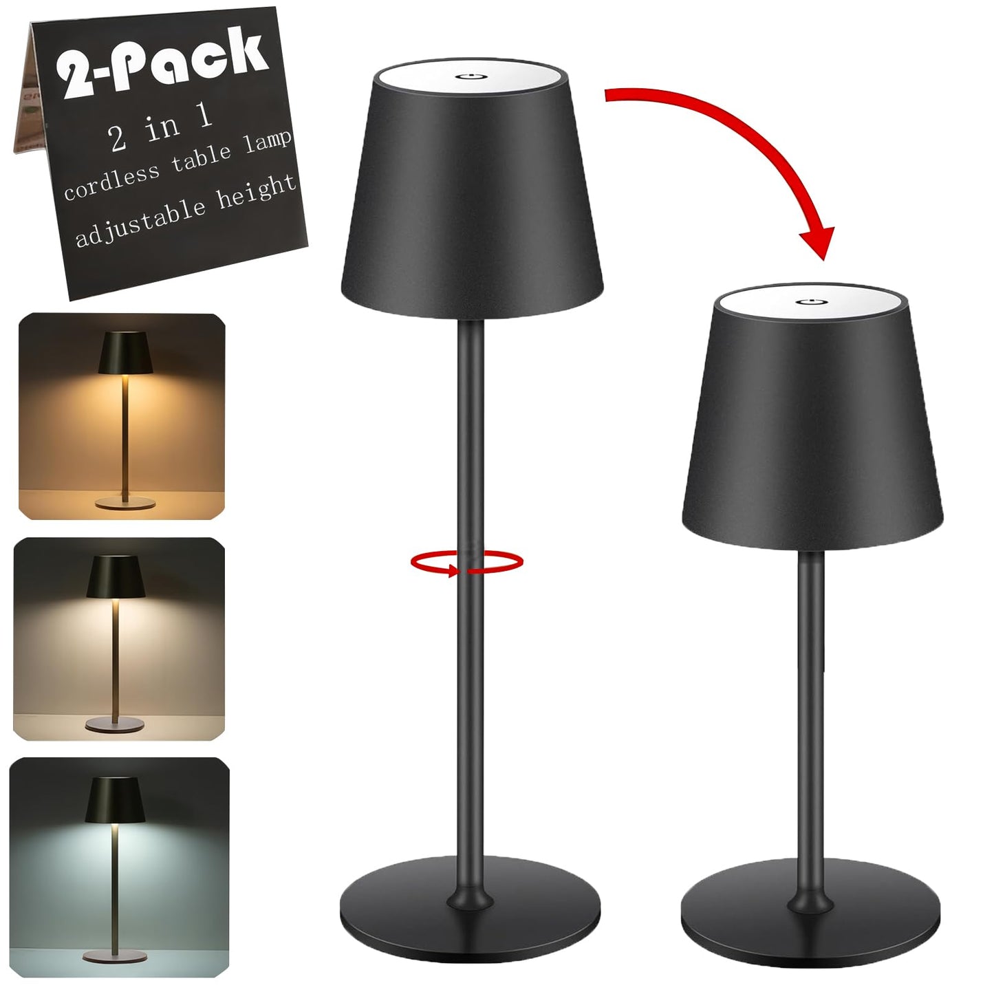 2 Packs Cordless Table Lamp, Portable LED Wireless Desk Lamp with 3 Modes Light Dimming, Adjustable Height Table Lamp, Rechargeable Waterproof Touch Lamp for Christmas Birthday Gift (2 packs-Black)