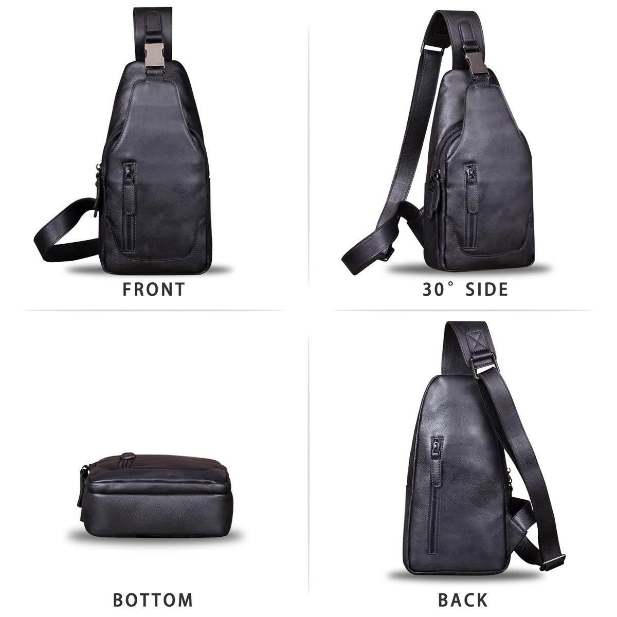 Genuine Leather Sling Bag for Men Chest Shoulder Crossbody Hiking Backpack Vintage Handmade Daypack (Black)