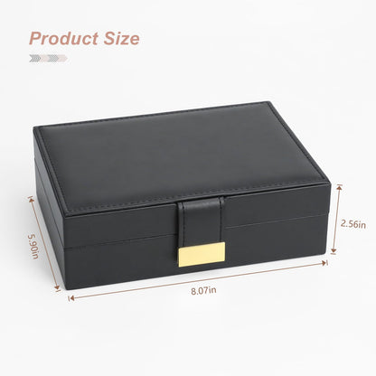 V-LAFUY Leather Strap Closure Jewelry Box Single Layer Organizer Case for Necklaces, Earrings, Rings, Compact for Travel & Home Storage Black