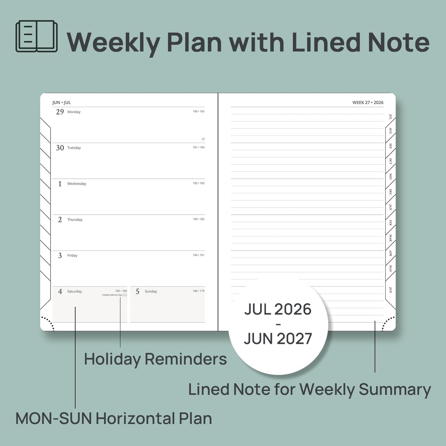 POPRUN Weekly Planner 2026-2027 (Medium 6.5''x 8.5'') Academic Calendar (JUL.26 - JUN.27) Appointment Book with Monthly Tabs, Leather Soft Cover, Inner Pocket, 100 GSM - Petrol Green