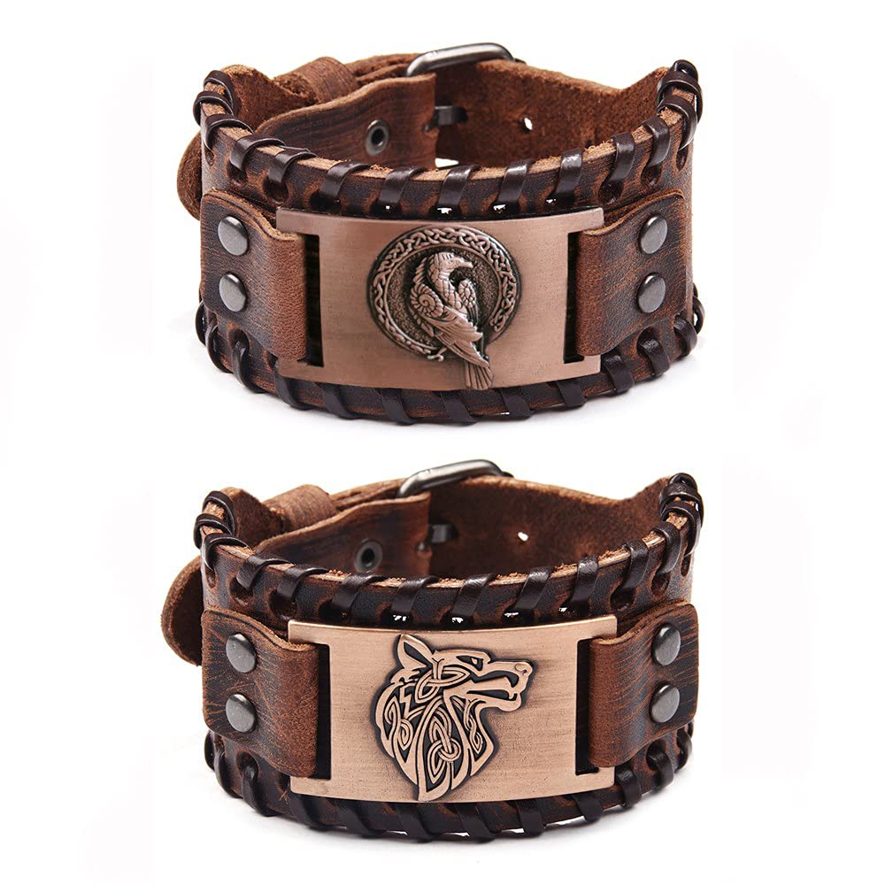 TURTLEDOVE 2 Piece Viking Leather Bracelets - Wolf Fenrir and Odin’s Raven - Medieval Bracelets for Historical