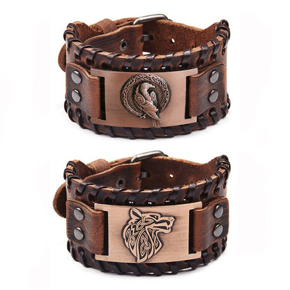 TURTLEDOVE 2 Piece Viking Leather Bracelets - Wolf Fenrir and Odin’s Raven - Medieval Bracelets for Historical