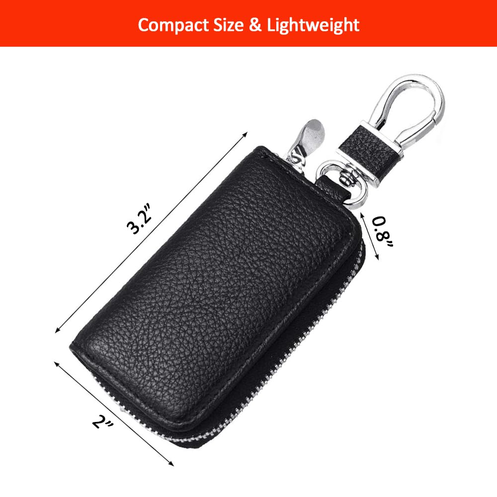 Luckybay Leather Car Key Holder, Car Key Case & Key Fob Protector Pouch with Zipper for Smart Keys, Keychain Wallet for Men Women (Black)