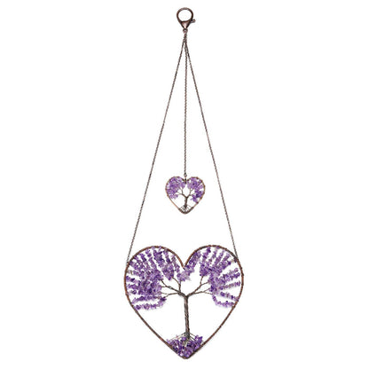 PESOENTH Amethyst Heart Life Tree Dream Catcher Hanging Ornament Bohemian Purple Double Hearts Life Tree Wall Art Window Car Hanging Decorations for Home Bedroom Decor