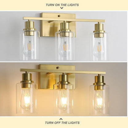 3-Lights Modern Wall Sconces Gold Bathroom Vanity Light Fixtures,Brushed Brass Wall Lights with Clear Glass Shades, Farmhouse Wall Lighting for Hallway,Living Room,Bedroom