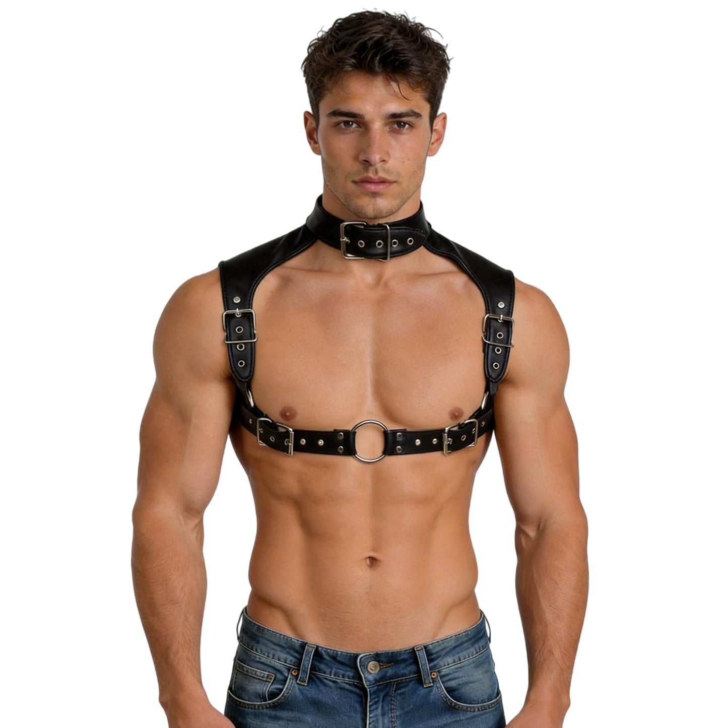 Men's PU Leather Gothic Punk Chest Harness Belt, Adjustable Body Strap with Metal O-Ring, Festival Rave Clubwear Costume Top for Cosplay Halloween Party Nightclub Wear Black