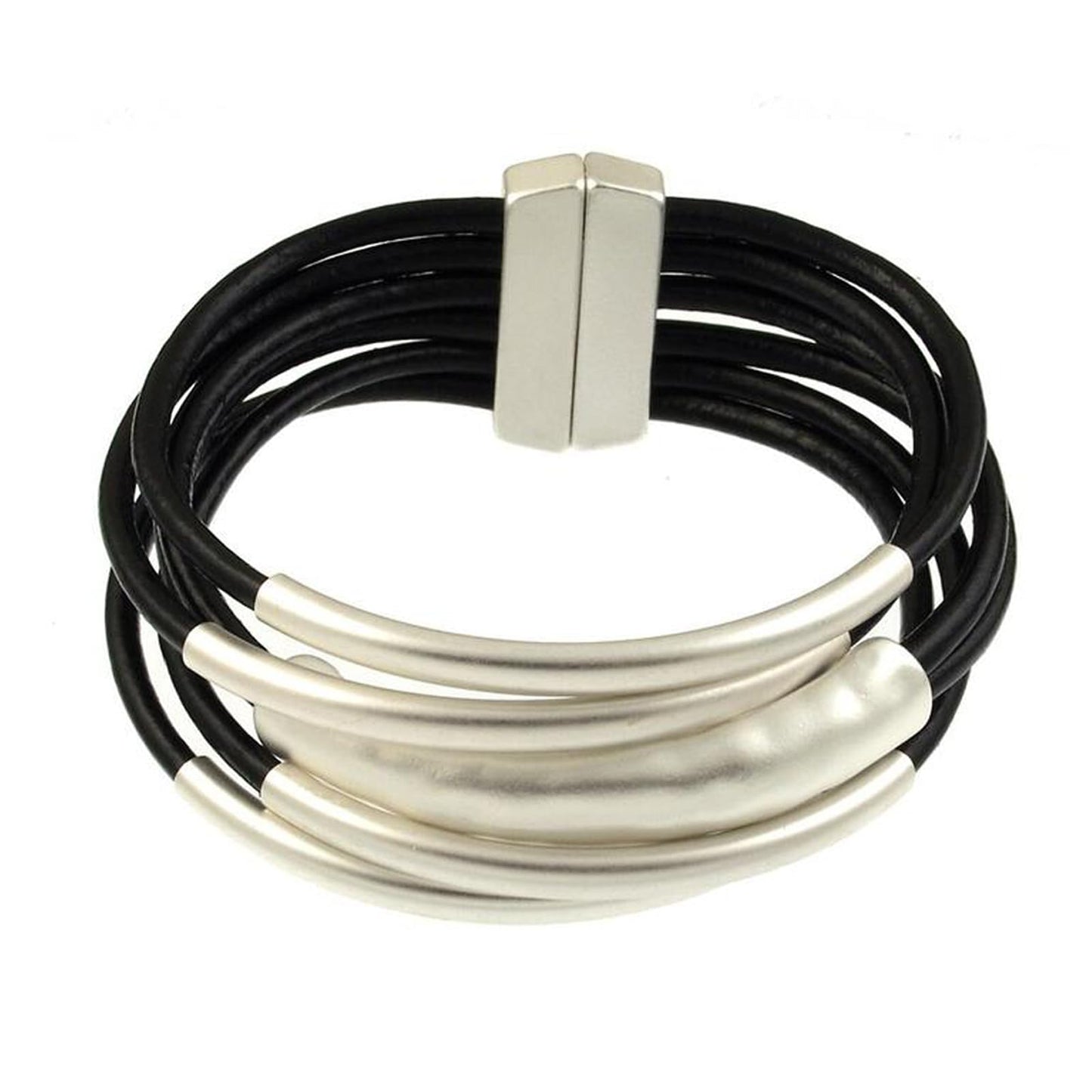YKKZART Leather Bracelets Multilayer Black Leather wrap Bracelets Chunky Silver Tube Bangles Bracelets for Women