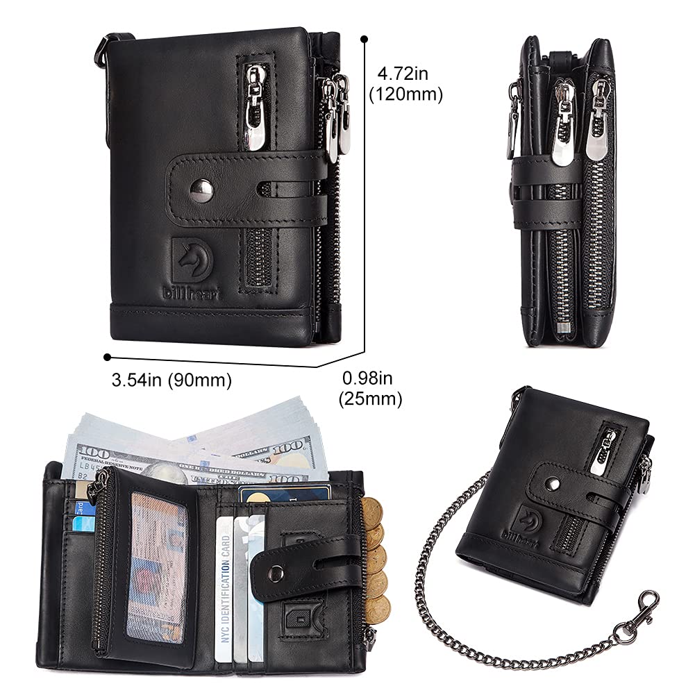 Mens Wallet with Chain Genuine Leather Purse RFID Blocking Bifold Double Zipper Coin Pocket with Anti-Theft Chain