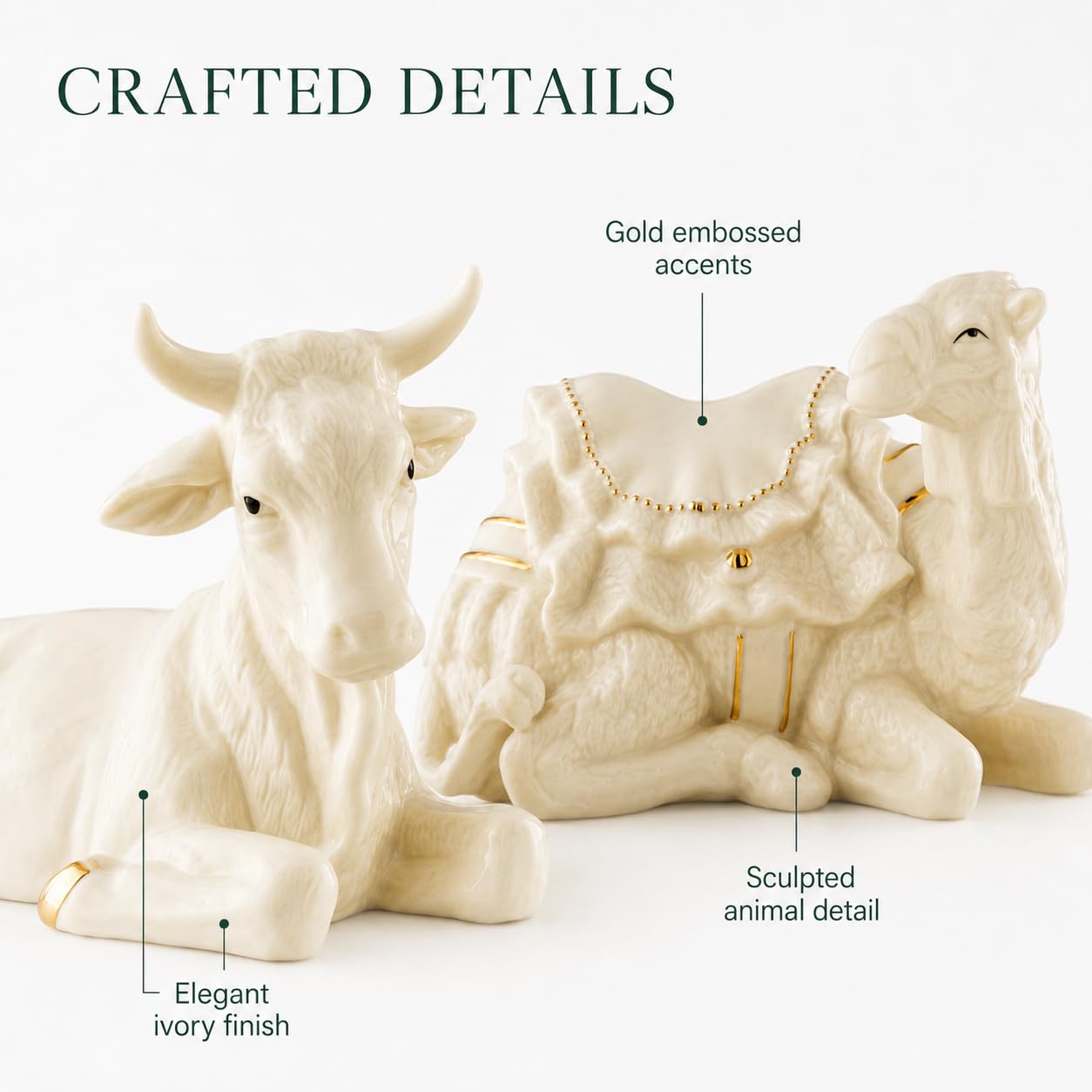 Belleek Living Manger Set Ox and Camel, Christmas Nativity Figurines with Gold Embossed Detail, Holiday Home Decor Set of 2 Assortment Figurines