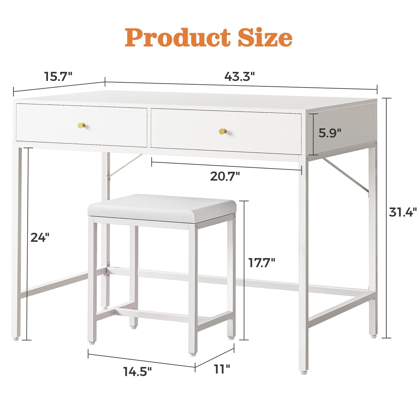 SUPERJARE 43-inch White Desk with 2 Drawers and Padded Stool, Modern Makeup Vanity & Computer Desk with Storage for Home Office, Bedroom Study
