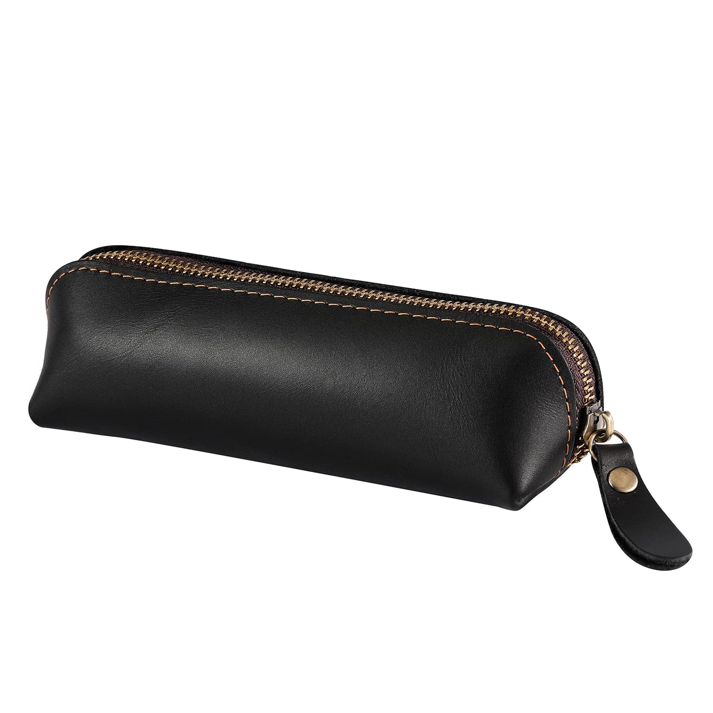 RZEOTPII Pen Pouch Pencil Bag Black Leather Pencil Holder Small Portable Zipper Case for Fountain Pen Markers Makeups Change Coins,Gift for Adults Mens Womens (Black)