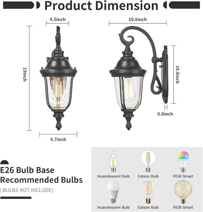 Outdoor Wall Light Fixture Black Porch Lights Outside Wall Mounted Lighting Clear Glass Shades Exterior Waterproof Lanterns Modern Outdoor Wall Sconces for Home, Yard, Patio