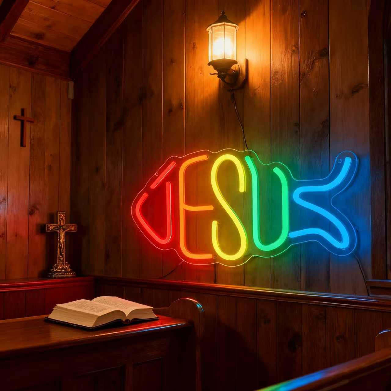 Jesus Neon Sign, Jesus Led Neon Light Signs for Wall Decor Christian Light up Sign Lamp Wall Art for Bedroom Home Christ Church Easter Religious Events Party Decor Dimmable USB Powered(15.4"*8.7")