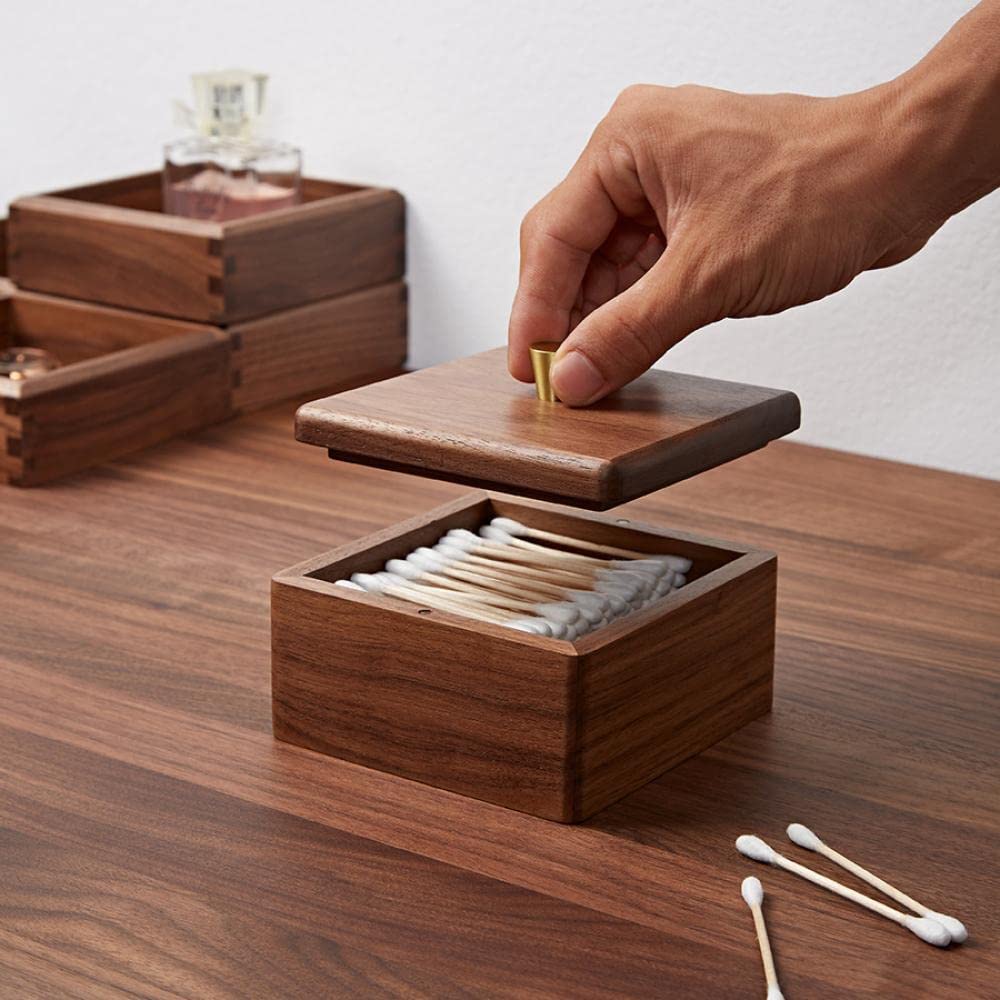 Sizikato Walnut Wood Q-Tip Box with Lid, Bathroom Cotton Swab Dispenser.