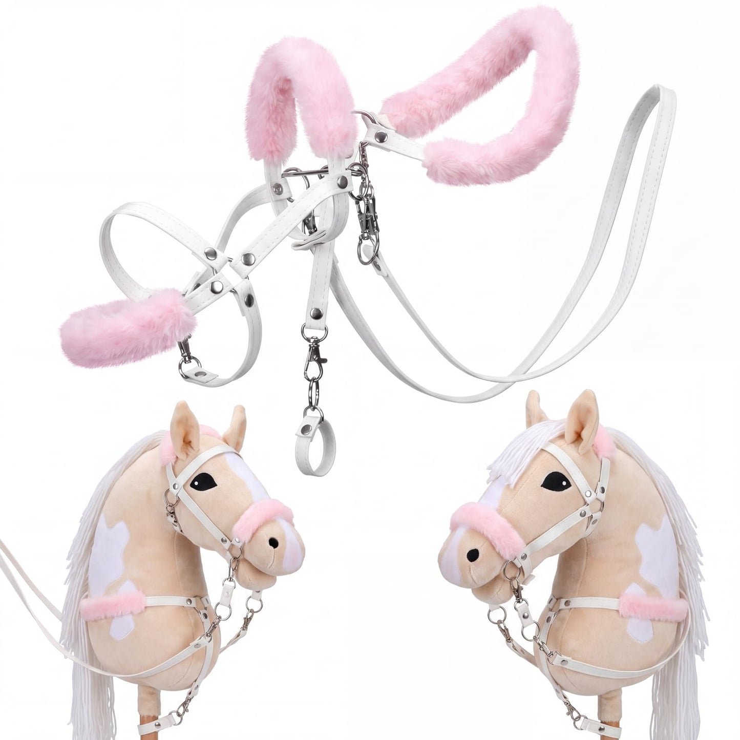 Shappy Hobby Horse Toy Accessories Realistic Horse Bridle with Metal Bit and Adjustable Reins, Faux Leather and Stainless Steel for Equestrian, Themed Events Competitions and Play (White, Pink)