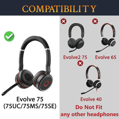SOULWIT Earpads Replacement for Jabra Evolve 75(75UC 75MS 75SE) Stereo Wireless Bluetooth Headset, Ear Pads Cushions with Soft Protein Leather, High-Density Noise Isolation Foam - Black