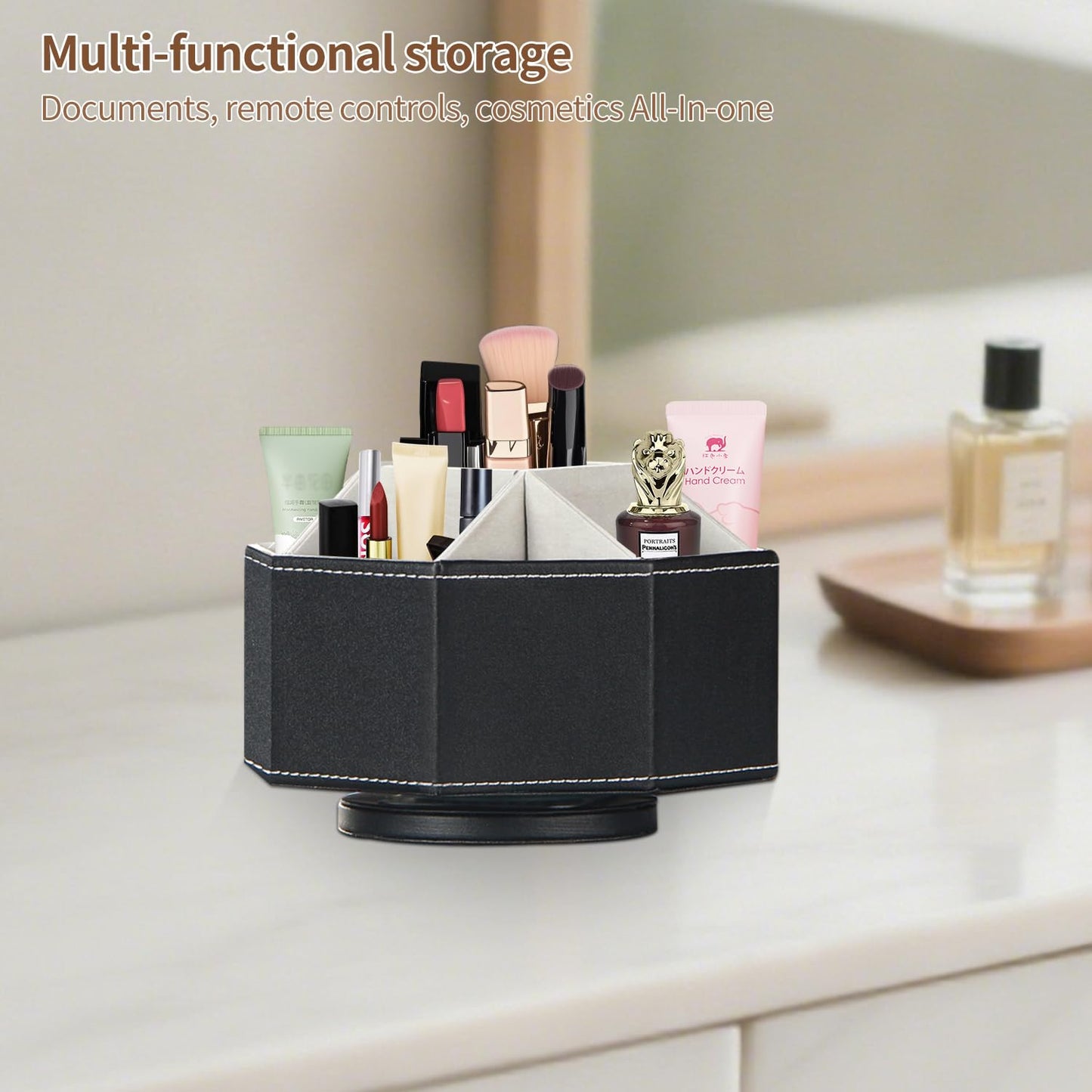 Remote Control Holder, Swivel 9 Rooms Desk Organizer and Decorations for Living Room, Leather Bedside Storage Caddy for TV Controllers/ Makeup Brush Pen/ Office Stationery/ Art Supplies/ Eyeglasses