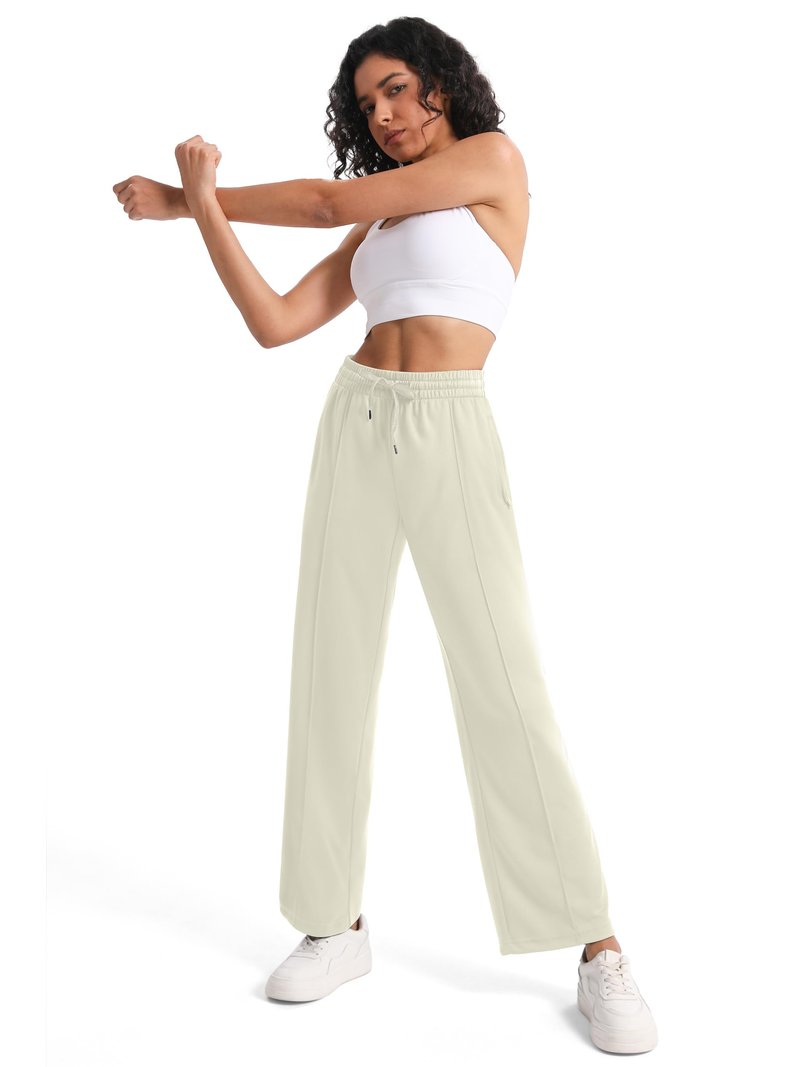 Tapata Regular Women's 30" Inseam Casual Pants Track Athletic Sweatpants Warm Up Loose Side Stripe Street Slacks, Beige, L