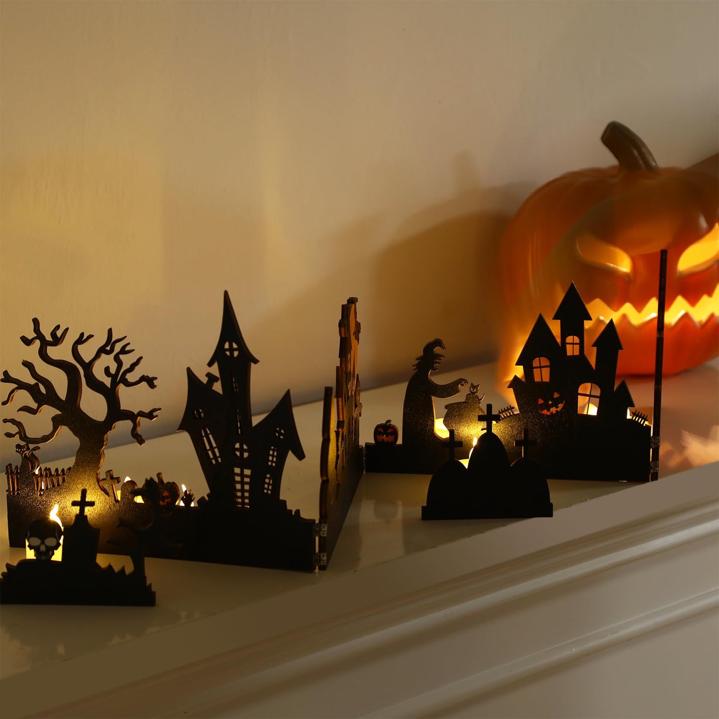 Colingmill 32 Inch Halloween Tabletop Decoration Wooden Halloween Themed Black Cemetery and Haunted House Signs Farmhouse Centerpiece Decor for Home Kitchen Table Shelf Decor
