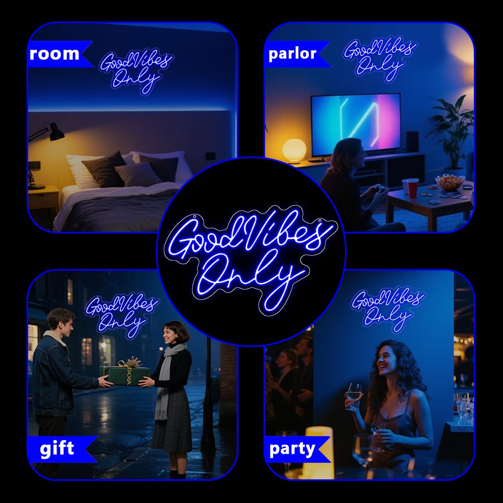 Good Vibes Only Neon Signs,Adjustable Brightness Blue Good Vibes Only LED Signs for Wall Decor, Cool Neon Lights Letters Light up Signs for Bedroom,Bar,Party, Salon Birthday,Christmas Gifts