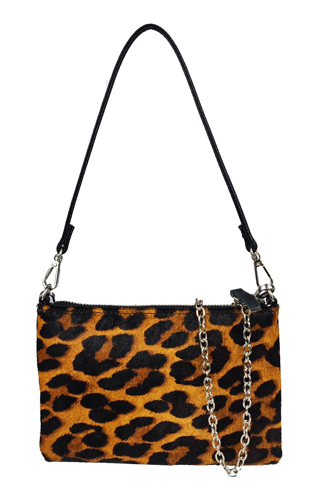 Leopard Print Purse [ Calf Hair on Hide Leather] Fur Clutch [Luxury Exclusive] Wild Animal Pattern Vintage [Small] Evening Bag Winter Envelope Chain Underarm