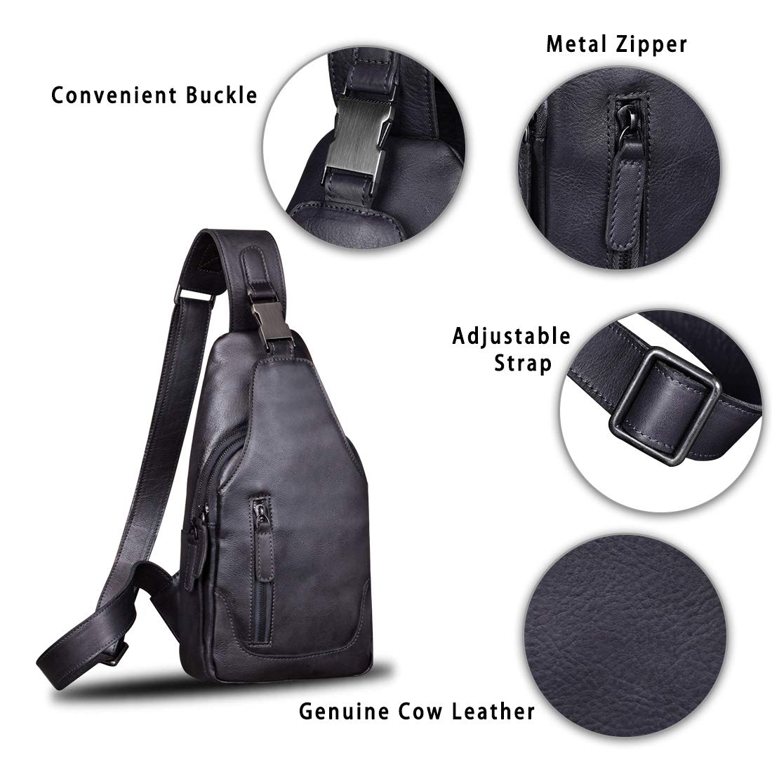 Genuine Leather Sling Bag for Men Chest Shoulder Crossbody Hiking Backpack Vintage Handmade Daypack (Black)