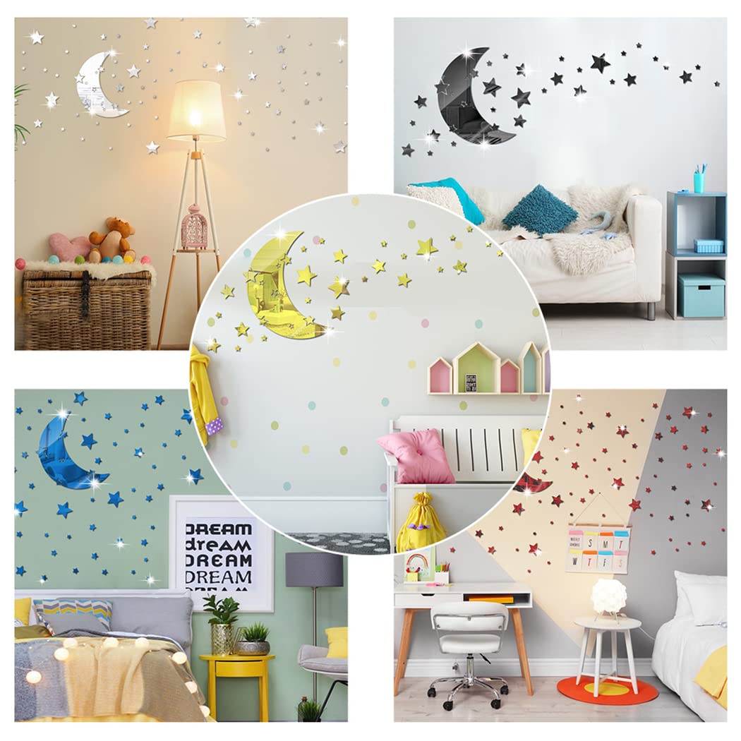 Moon and Stars Mirror Wall Stickers, Removable Acrylic Crescent Moon and 146 PCS Stars Wall Mirror Stickers Decals, 3D Moon Star Art Wall Decoration for Baby Kid Bedroom Living Room Ceiling (Silver)