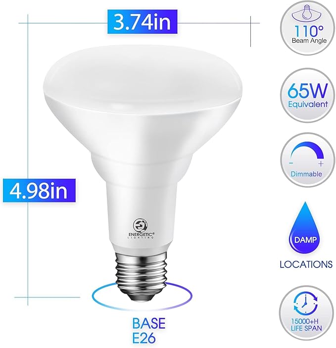 Energetic LED Flood Light Bulbs BR30, 65W Equivalent, CRI 90, Dimmable, Cool White 4000K, 750lm, Indoor Flood Lights for Recessed Cans, 6 Pack