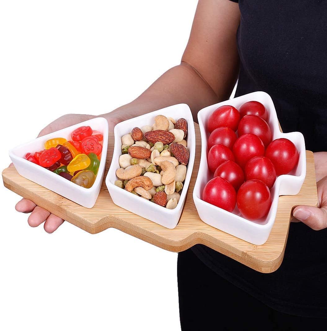 JiabaoPC 10.8 Inches Snack Appetizer Trays Set, Christmas Tree Dessert Serving Dishes, Snack Platter, 3 pcs Removable White Porcelain Plates with Bamboo Tree Tray,Thanksgiving and Christmas