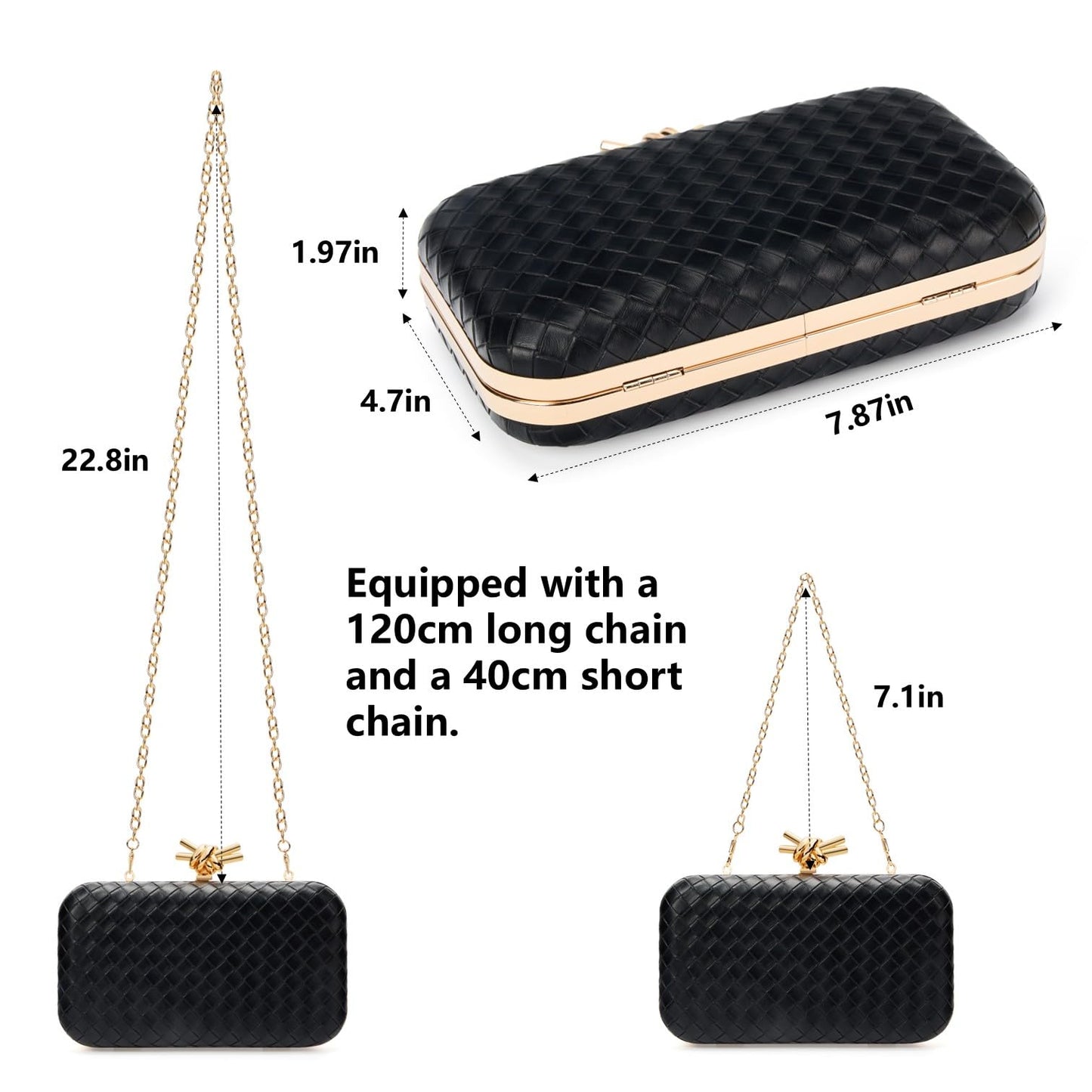Gurina Elegant Woven PU Leather Clutch Purse for Women - Formal Evening Bags with Detachable Chain, for Weddings & Cocktail Parties (ZOOI Black)