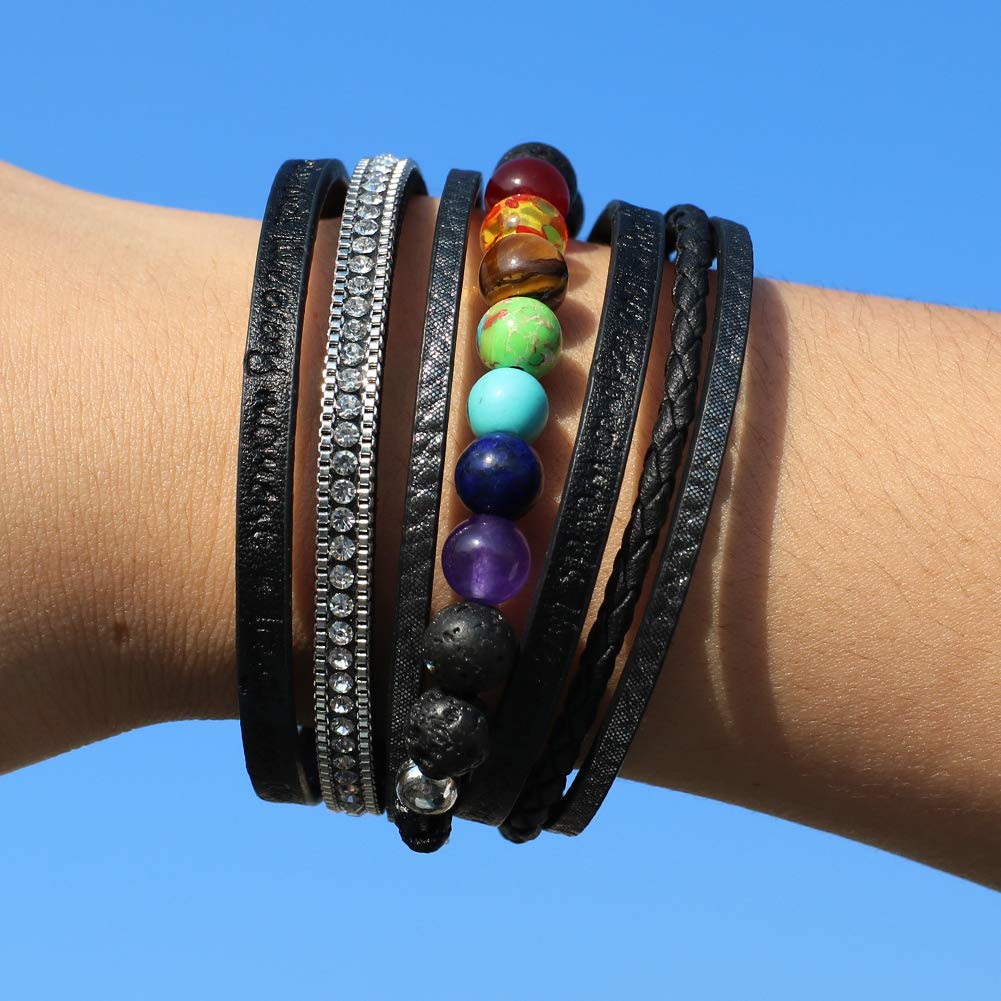 Vercret Leather Wrap Bracelet for Women - Lava Stone Chakra Multi-Layer Bracelets Magnetic Clasp Bangle Cuff Stacked Bracelet for lady and Mother
