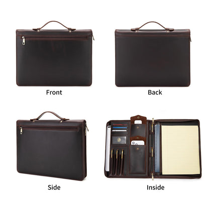 Geslun Genuine Leather Portfolio with Hidden Handle, Zippered Front Pocket, Business Padfolio for Men and Women, 8.5 x 11 Legal Pad Notebook Holder, Office Letter Notepad Folio, Dark Brown
