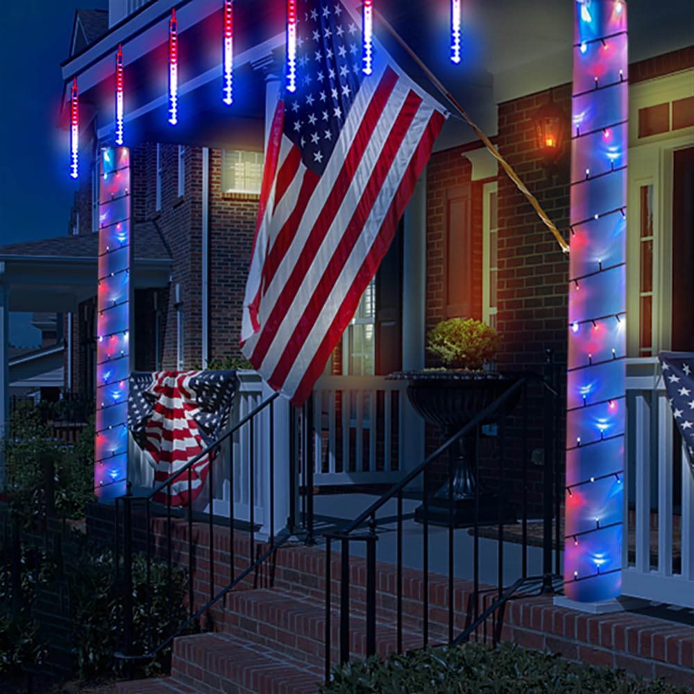 Kwaiffeo 4th of July Decorations Outdoor Red White and Blue Meteor Shower Lights for Patriotic Independence National Memorial Day Decorations, 24 Tubes(Equivalent to 3 Sets of 8-Tubes)