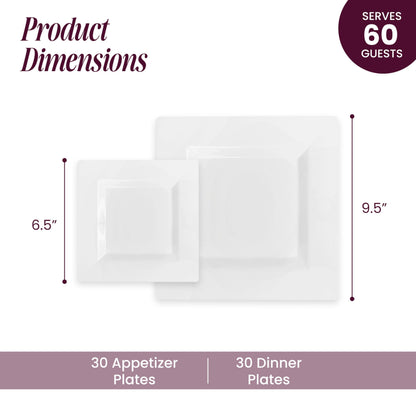 Aya's 60ct White Square Disposable Plates - Heavy Duty Plastic Party Plates for Christmas, Thanksgiving (30 Dinner & 30 Salad)