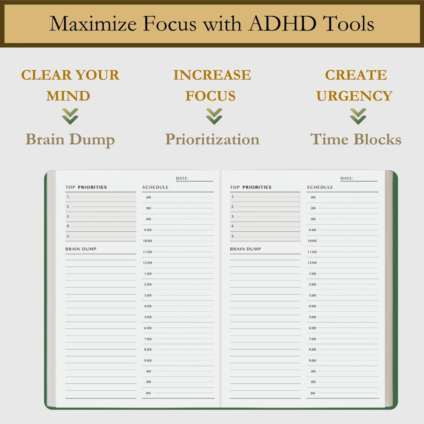 Time Blocking and ADHD Planner by Refine Days. 180 Undated Pages, To Do List, Hourly Schedule, Daily and Monthly Agenda. Time Management & Productivity Notebook. A5 (Green)
