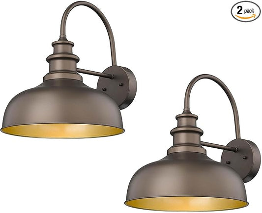 Bestshared Gooseneck Barn Light 14 Inch Dome Farmhouse Wall Sconce, Outside Wall Mounted Light, Exterior Lighting Fixture, Porch Lighs for Entryway, Garage,Patio (ORB+Gold, 14” Dome-2Pack)