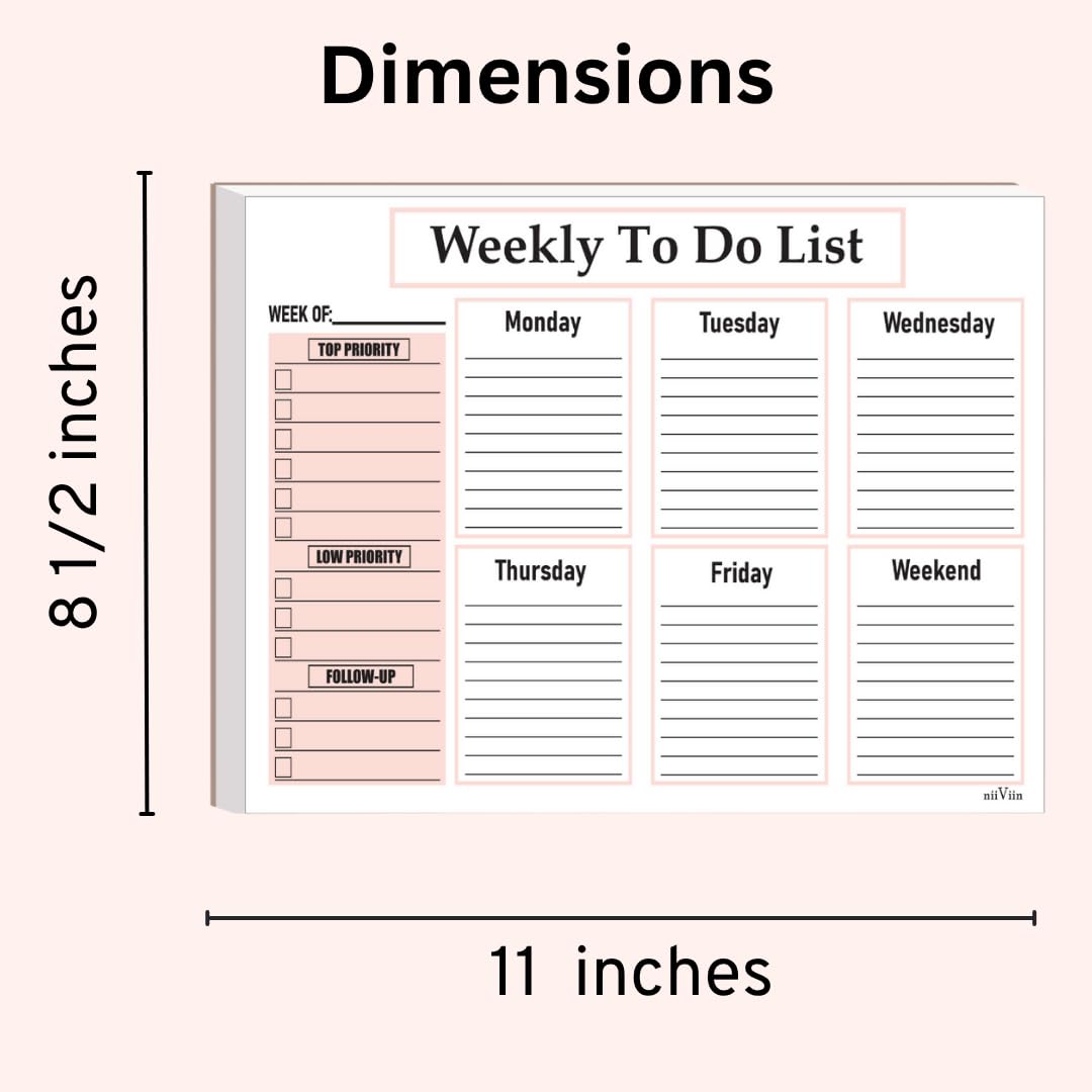NIIVIIN Weekly To Do List Notepad - Weekly Planner Notepad, ADHD Planner for Adults, 50 Tear-Off 8.5" x 11" Sheets, Extra Thick Backing