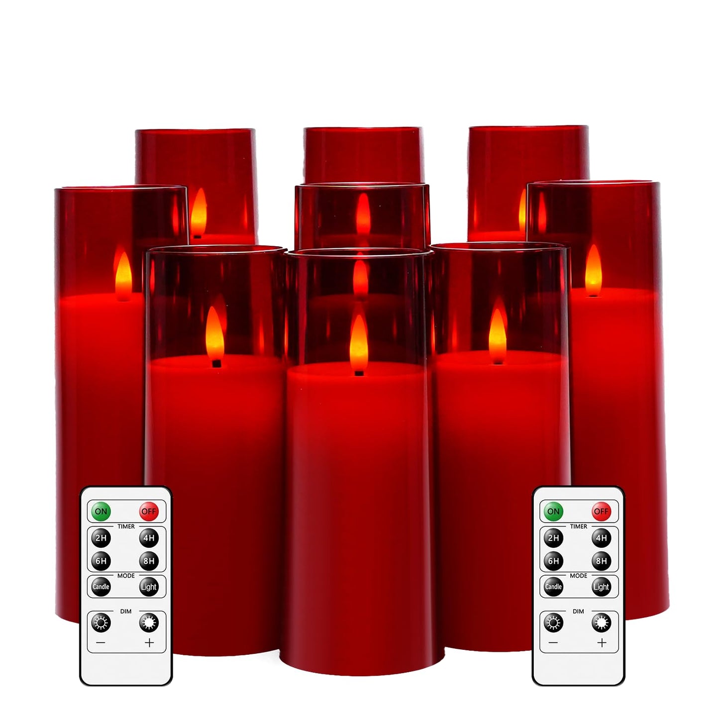 kakoya Flickering Flameless Candles Battery Operated with Remote and 2/4/6/8 H Timer Plexiglass Led Pillar Candles Pack of 9 (D2.3 xH5.5 6.5" 7.5") with Realistic 3D Wick Candles for Home Decor(Red)